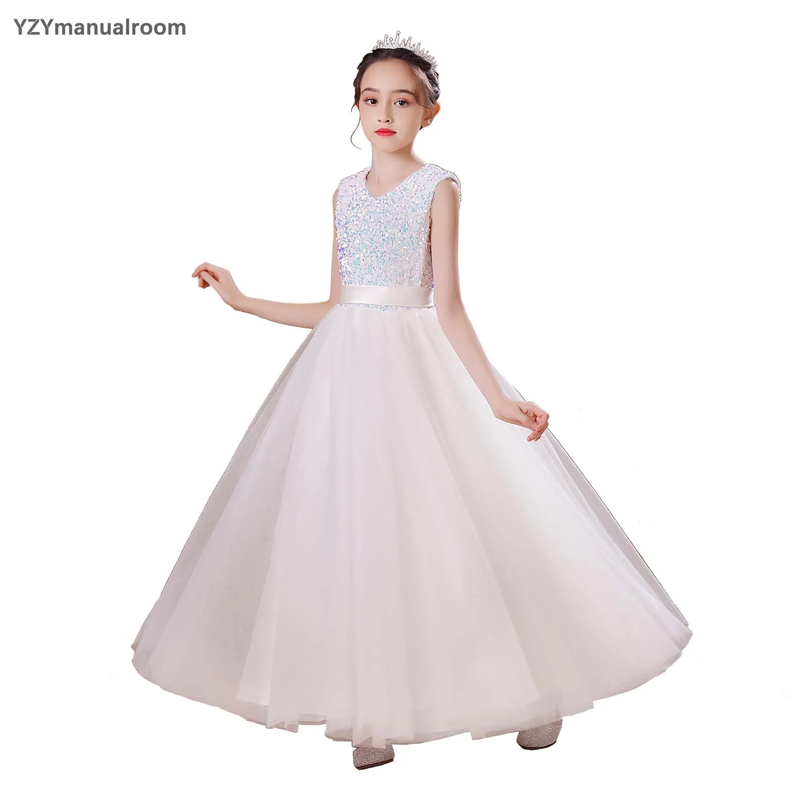 Flower Girl Dresses Wedding Bridesmaid Sequins Sleeveless Skirt Girls Pageant Gown Floor Length Prom Dresses Toddler Princess