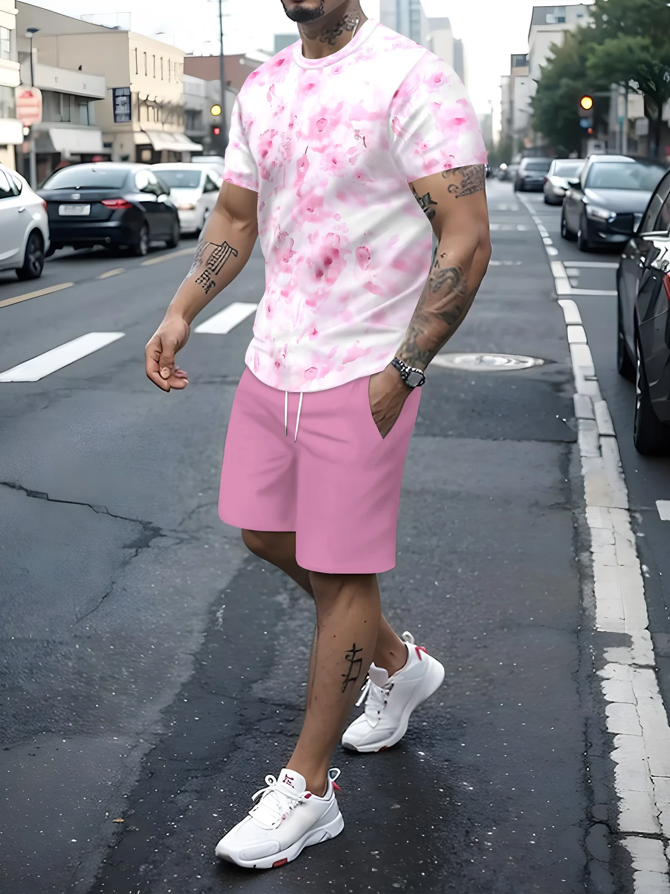 

Men‘s Summer Luxury Set Pink Floral All Over Print Casual Breathable Quick Dry Street Style Tee Drawstring Shorts 2 Piece