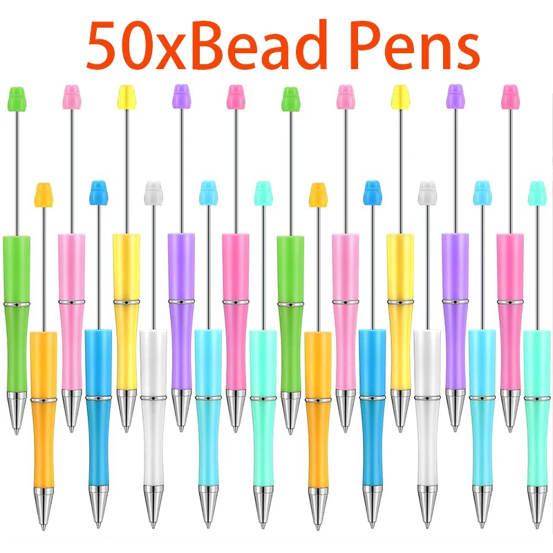 

50Pcs Plastic Beadable Pen Bead Ballpoint Pen Black Ink Rollerball Pen for Office Supplies