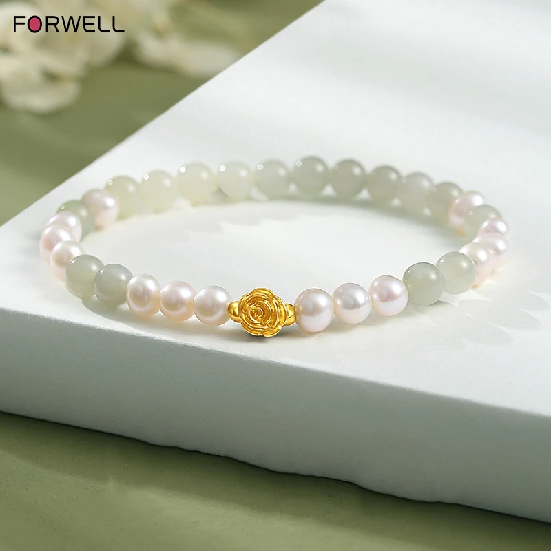 

FORWELL 999 Pure Gold Rose Bracelet Natural Freshwater Pearls Hetian Jade Jewelry Valentine's Day Gift for Girlfriend