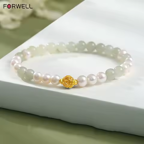 FORWELL 999 Pure Gold Rose Bracelet Natural Freshwater Pearls Hetian Jade Jewelry Valentine's Day Gift for Girlfriend
