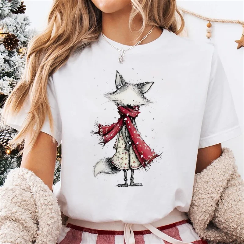 

Рождественская юбка с цветком лисы, красный шарф, футболка с принтом мультфильма, милый стиль, базовая женская одежда с принтом, топ, белая футболка