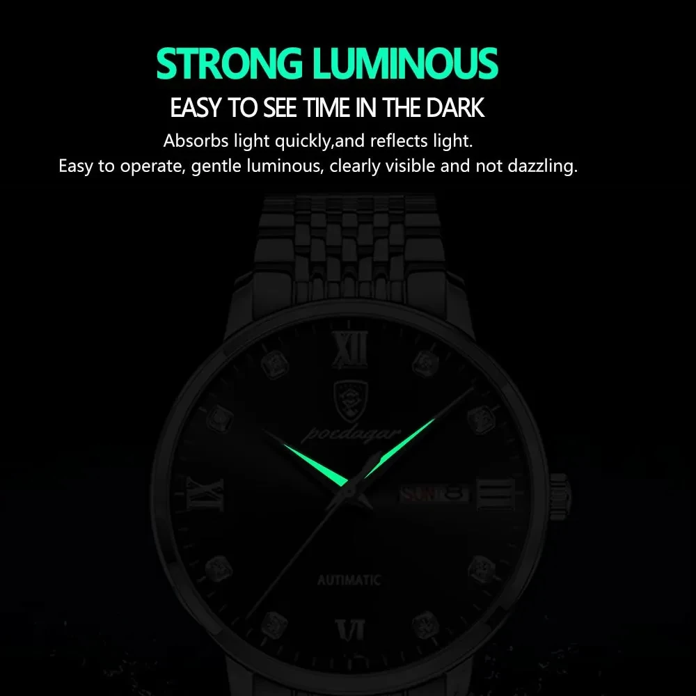 POEDAGAR Luxury Men Watch Sport Waterproof Luminous Date Week Quartz Men\'s Watches Business Stainless Steel Male Clock reloj+box