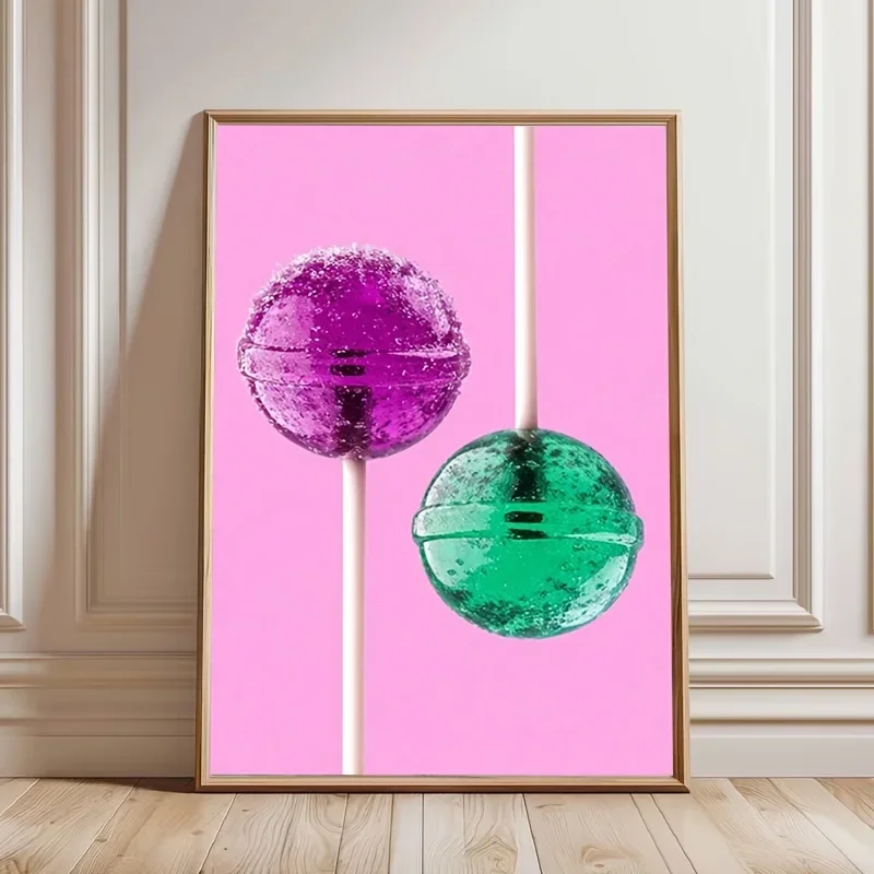1pc Frameless Home Decor Canvas Poster 2027 Colorful Lollipop Close-Up Canvas Painting, Purple And Green Candy Art, Sweet Desse