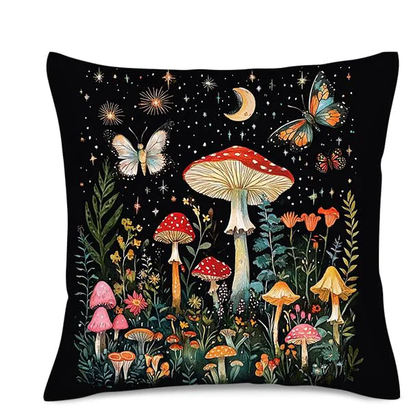 Home Decor Enchanted Night Mushroom & Butterfly Pillow Pattern Cushion Cover Suitable For Sofa Bedroom Car Pillow Cover