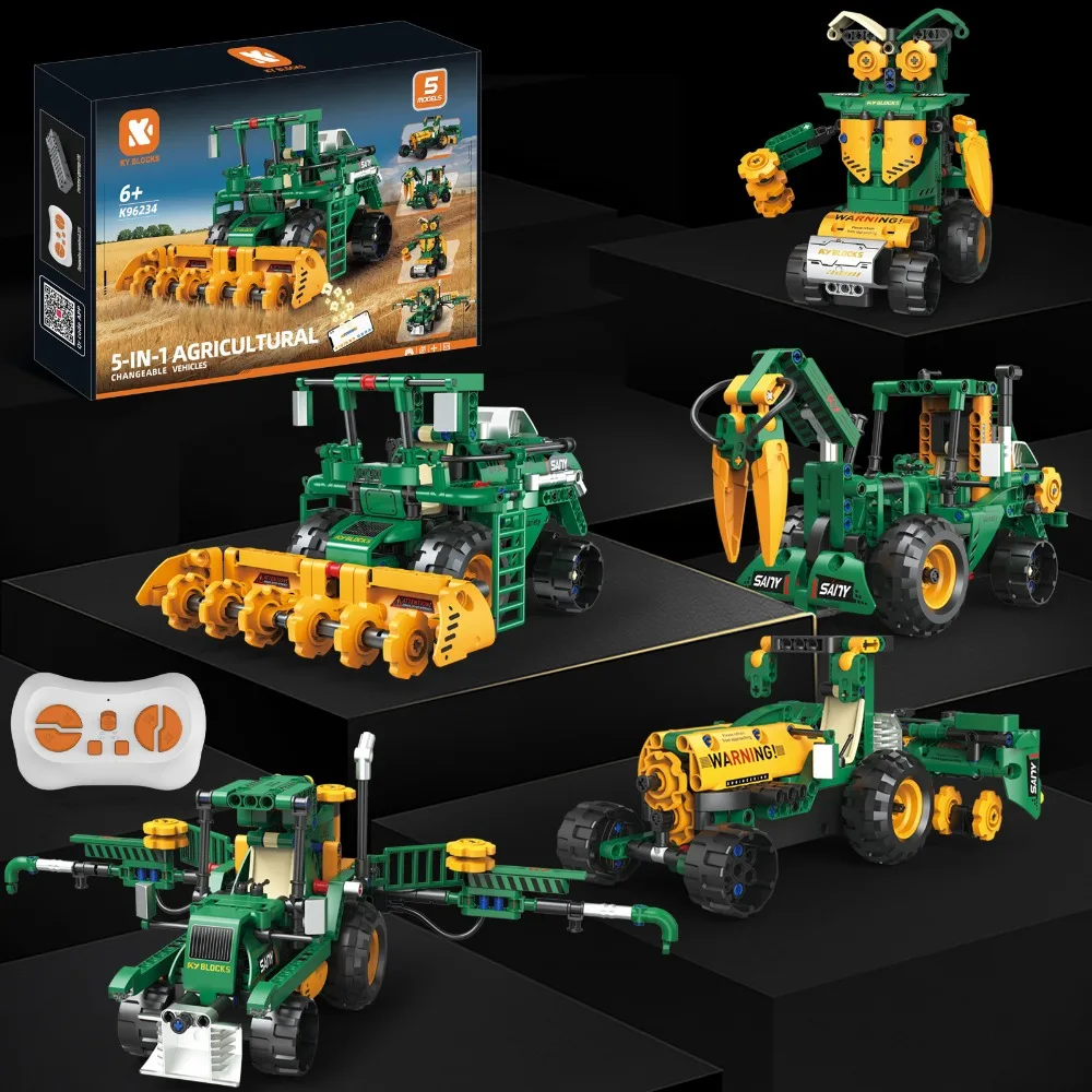 96234 331PCS 5 in 1 Farm Vehicle Building Kit STEM RC Tractor Toy with Remote Control Educational Gift for Kids Adults