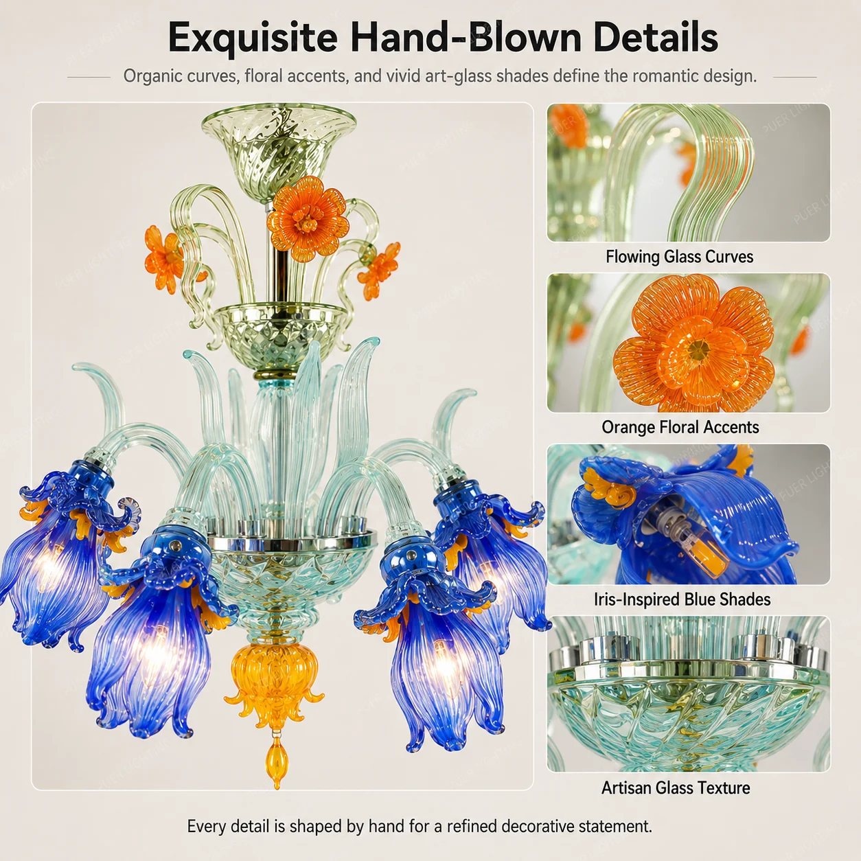 Colorful Iris Glass Chandelier Vintage Hand Blown Pendant Lamp for Villa Duplex Living Room Dining Hall Decor Hanging Light
