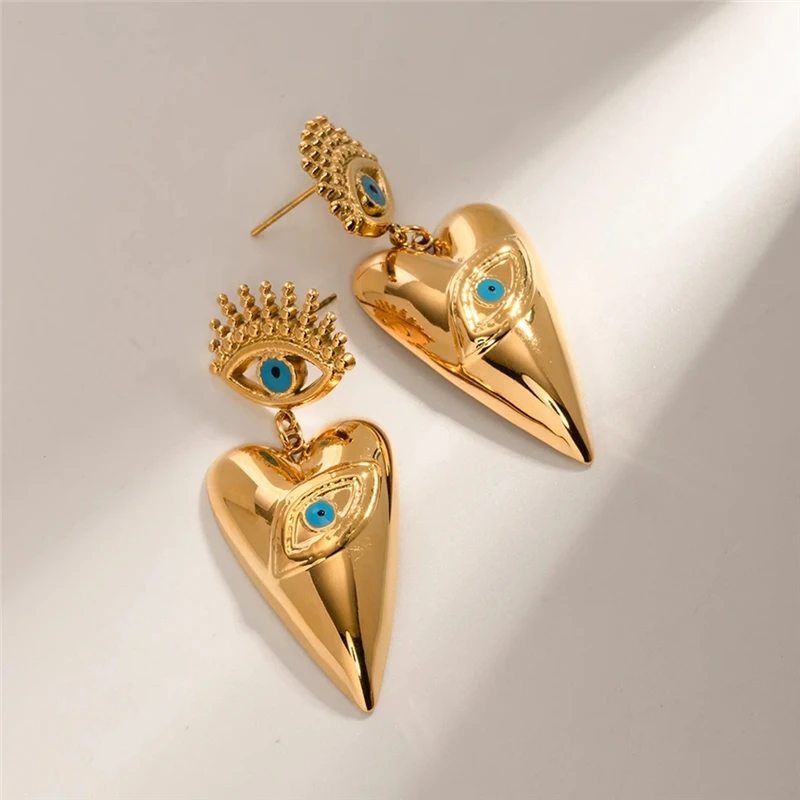 HangZhi Blue Devil\'s Eye Large Heart Pendant Earring Stainless Steel Gold Color Chunky Vintage Y2K Huge Drop Jewelry New In