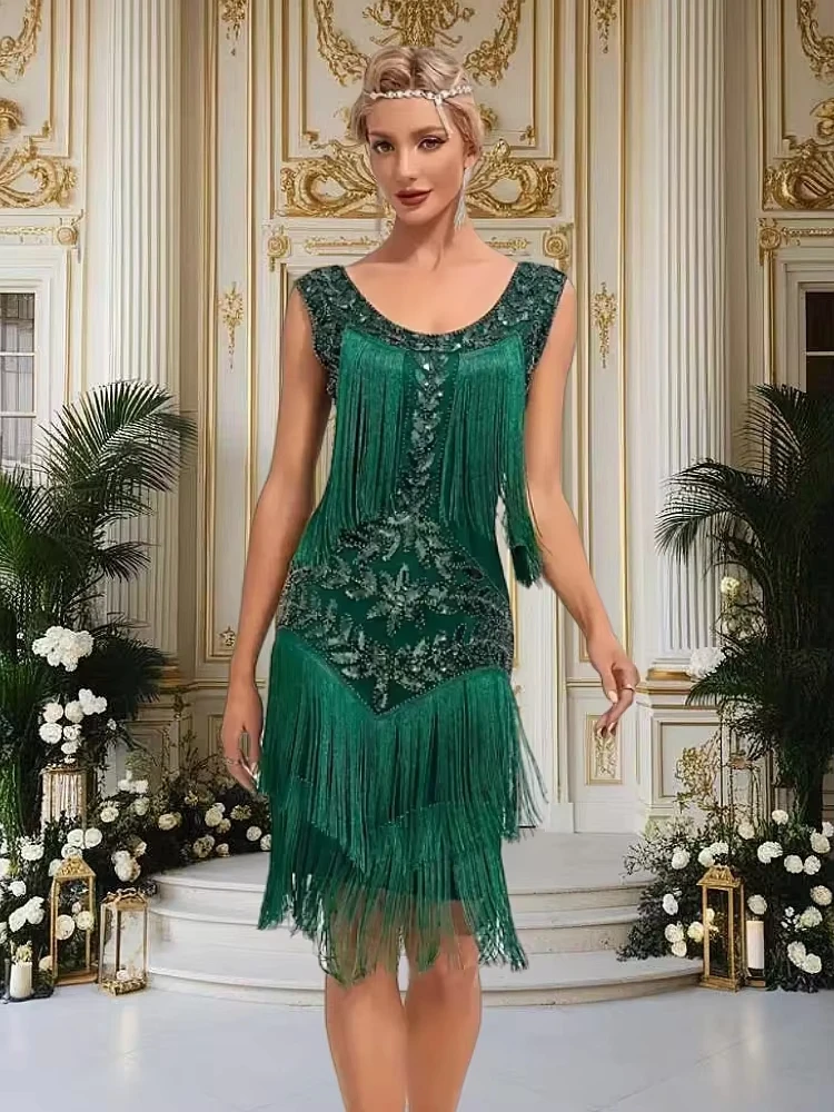 

Europe Retro Women's Clothing Dress Dance Dress Round Neck Sequins Beaded Tassel Vest Ball Dress Dance Skirt