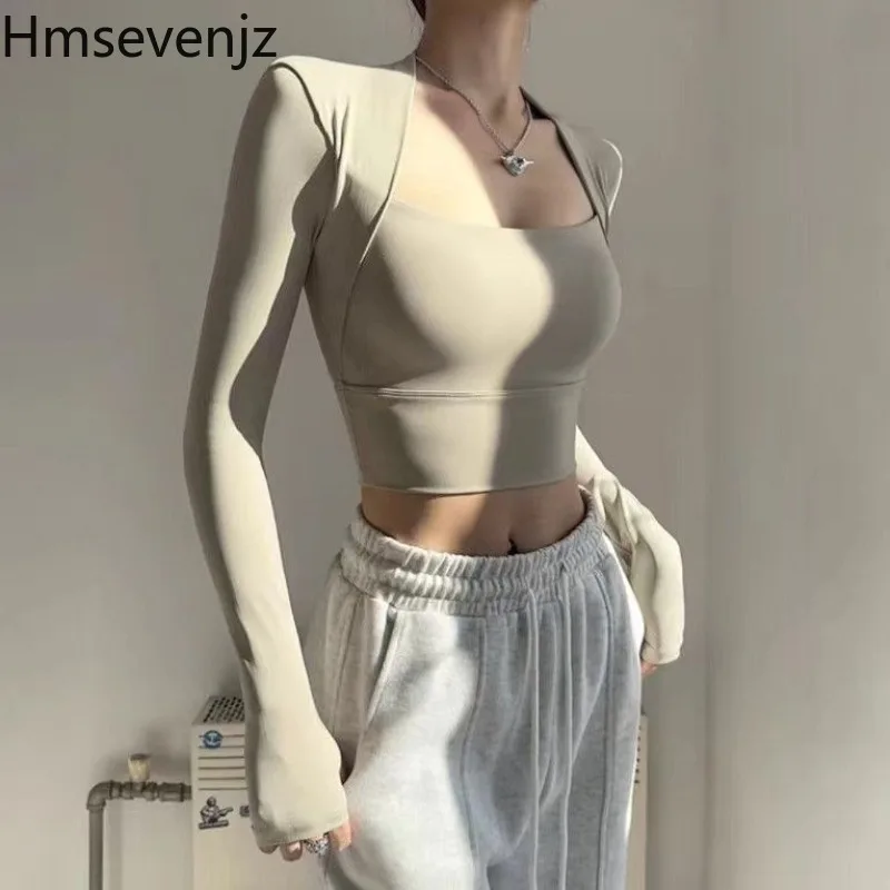 

Hmsevenjz Одежда для фитнеса Обтягивающие новые рубашки для йоги Женский спортивный топ для бега с нагрудными подушечками Женская одежда с длинными рукавами