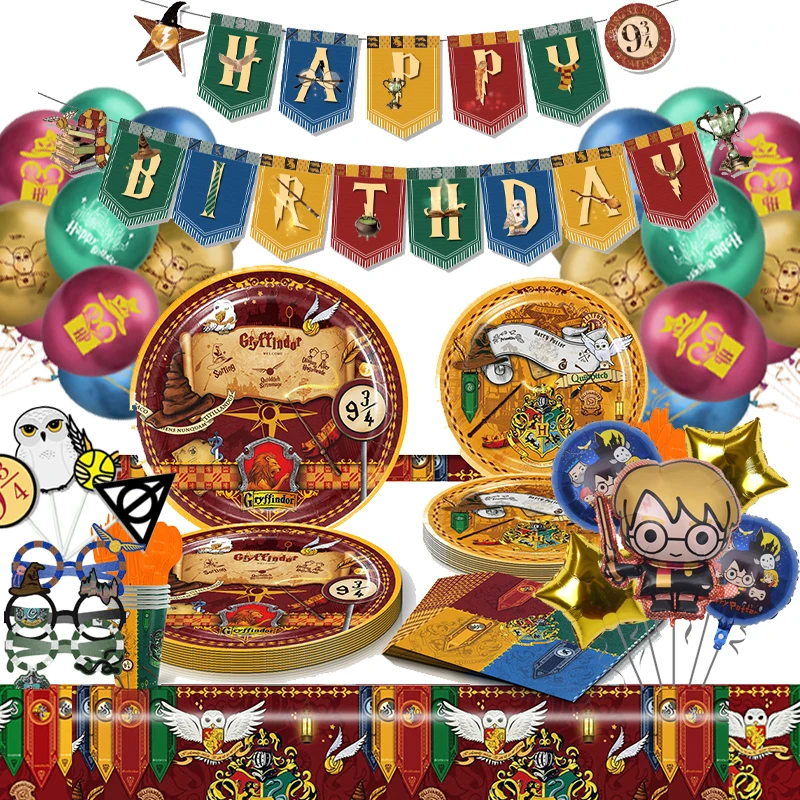 Hot Cartoon harry potter Birthday Party Supply Disposable Banner Cake Topper Hanging Flag Balloons Set Birthday Decorations