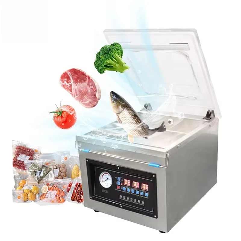 Dz-320 Factory Direct Semi Auto Desktop Stainless Steel Single Chamber Fish Food Sausage Chicken Vacuum Sealer Packaging Machine