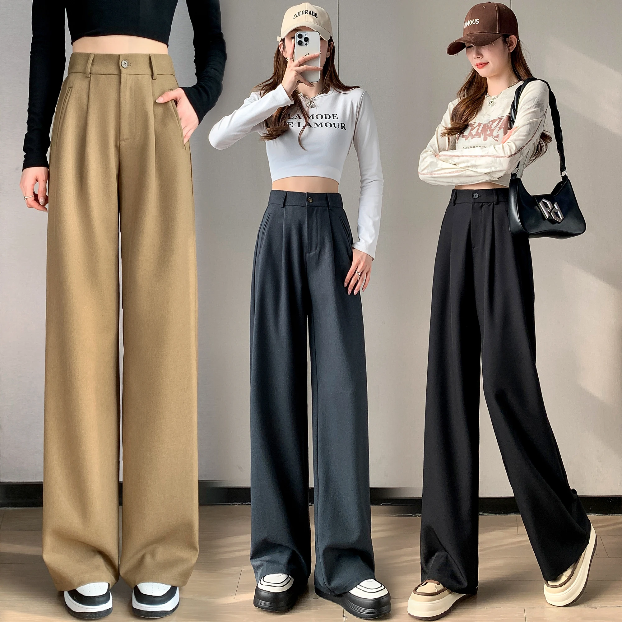 Costume kaki taille haute, jambes larges, pantalon complet pour femme, élégant, minimalisme, droit, ample, nouvelle collection automne 2024