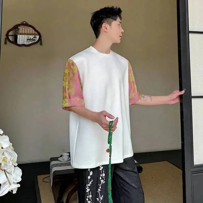 LUZHEN Men Short 2026 Printed Summer Sleeve T-shirts Splicing Design Fashion Elegant Chinese Style Casual Round Neck Tops JY8081