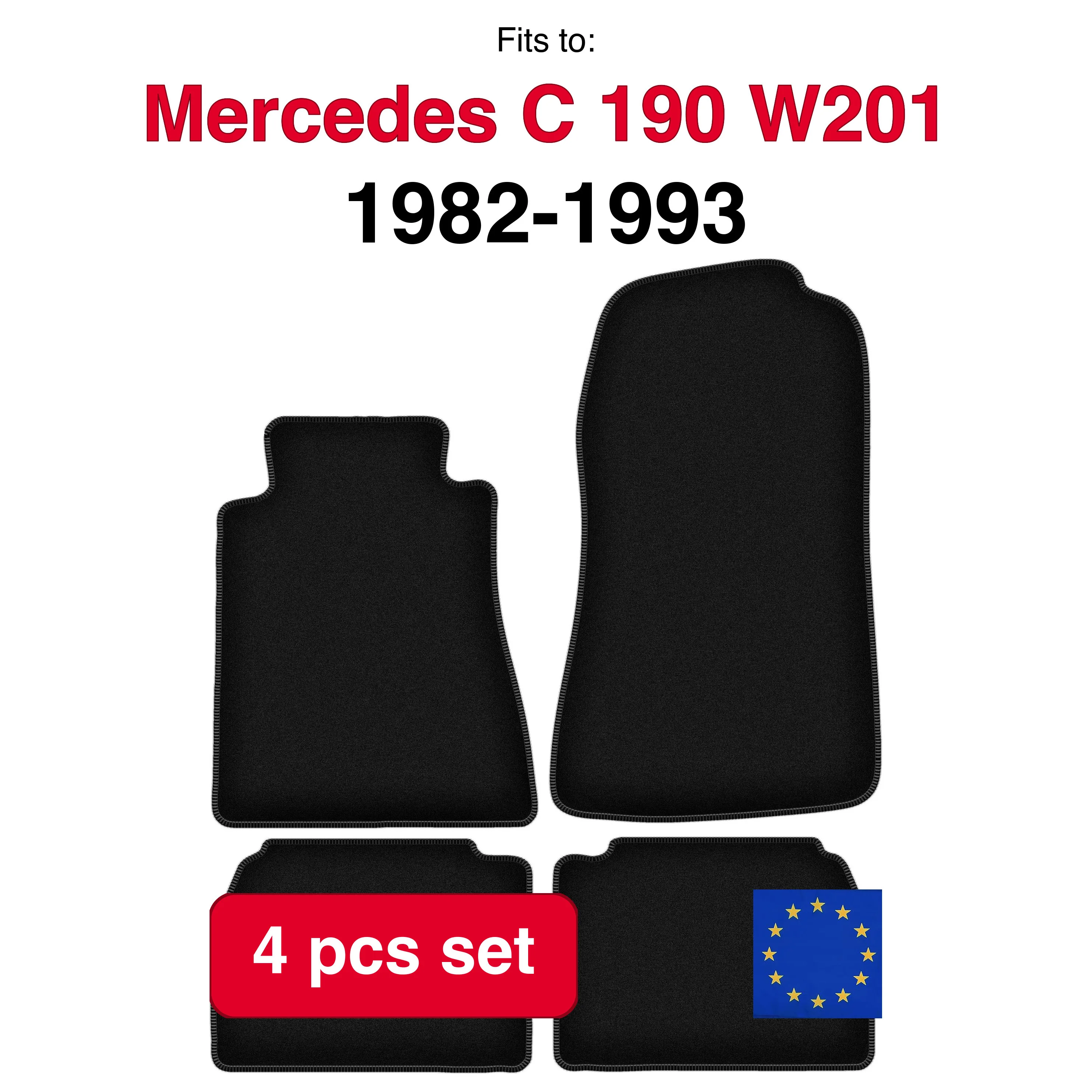Image of Veloursteppich-Set für Mercedes C 190 W201 Limousine (1982-1993) - Schwarz (4 Stück) passgenaues Auto-Fußmatten-Set