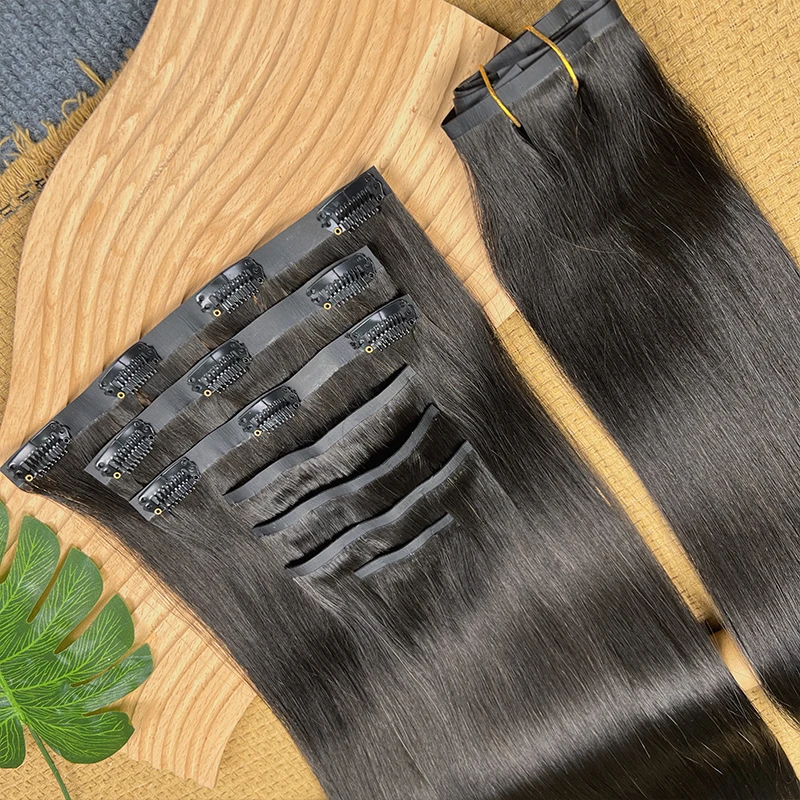 스트레이트 PU 클립 인 헤어 익스텐션, 인비저블 심리스 생처녀 인모 클립 인 익스텐션, 내추럴 블랙 7피스 100g/세트