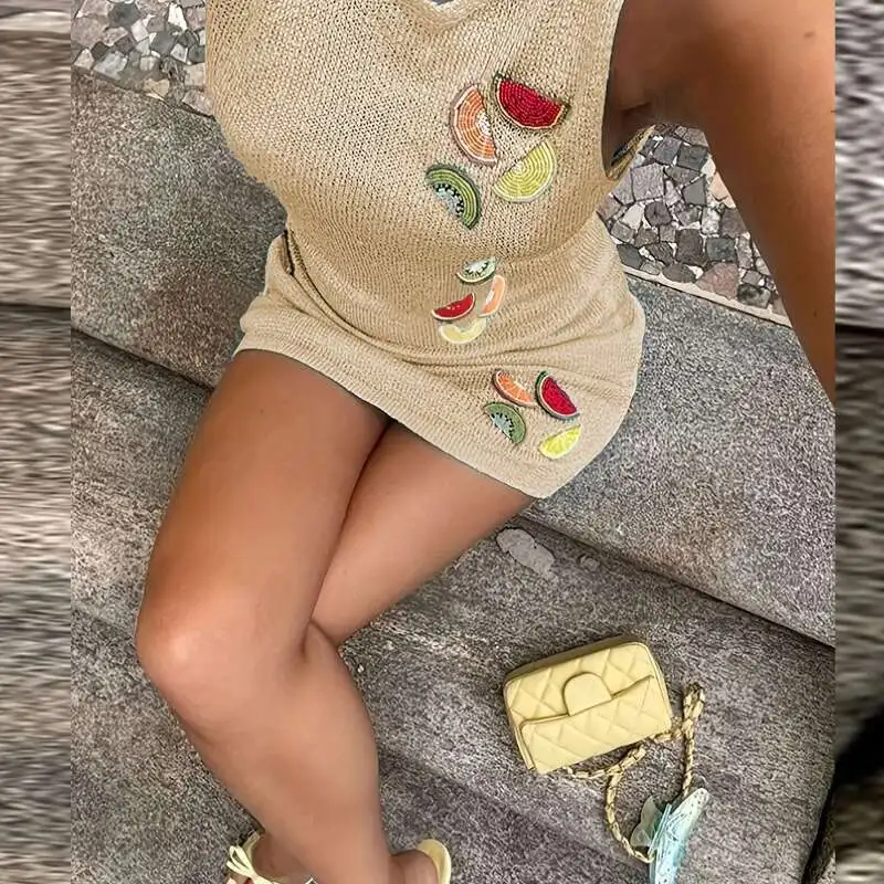 Women's O Neck Knitted Slim Mini Summer Hollow Out Sleeveless Beach Cover Up Dress Fruit Embroidery Vest Short Dresses New