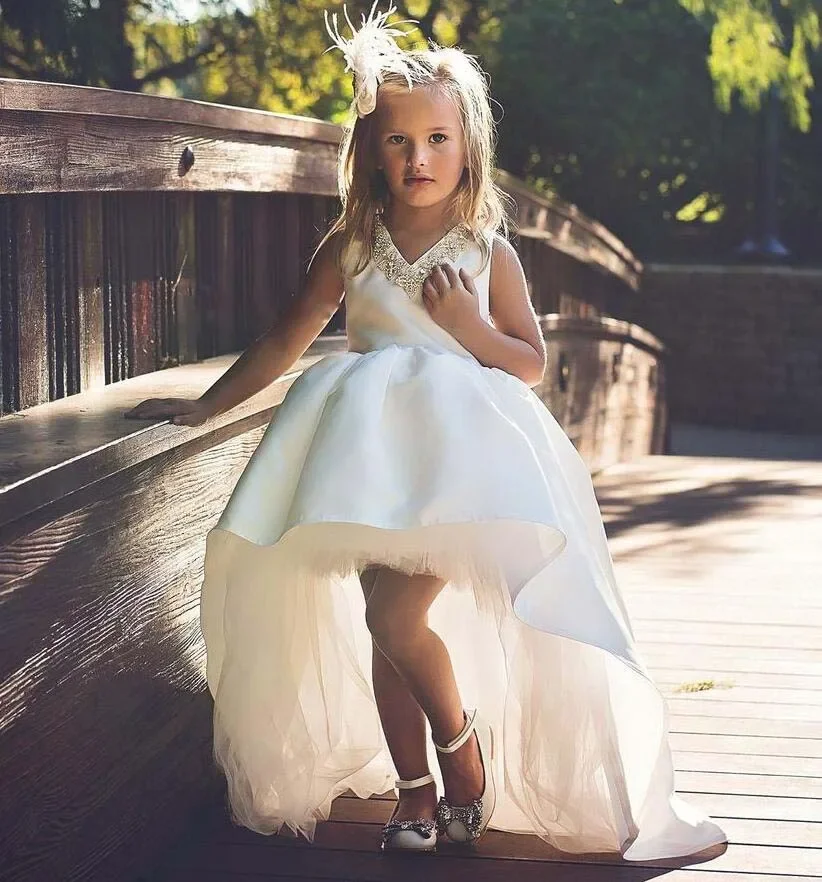 

Puffy White ivory Tulle Baby Kids Birthday Pageant Dresses Crystal Diamond Sleeveless Flower Girl Dress First Communion Wedding