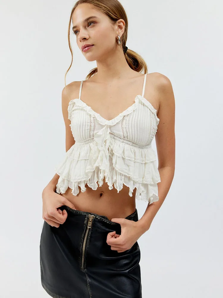 

T-shirt y2k spring/summer embroidered gathered pleats embroidered crochet trim camisole tank top2024korean fashion top for women