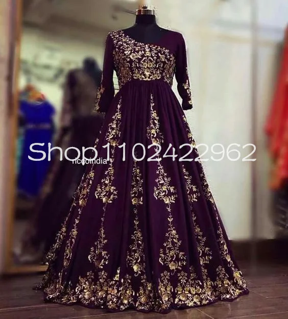 Ethnic Grape Purple Muslim Prom Birthday Dresses with Long Sleeve Gold Lace Arabic Lehenga Choli Evening Occasion Gown