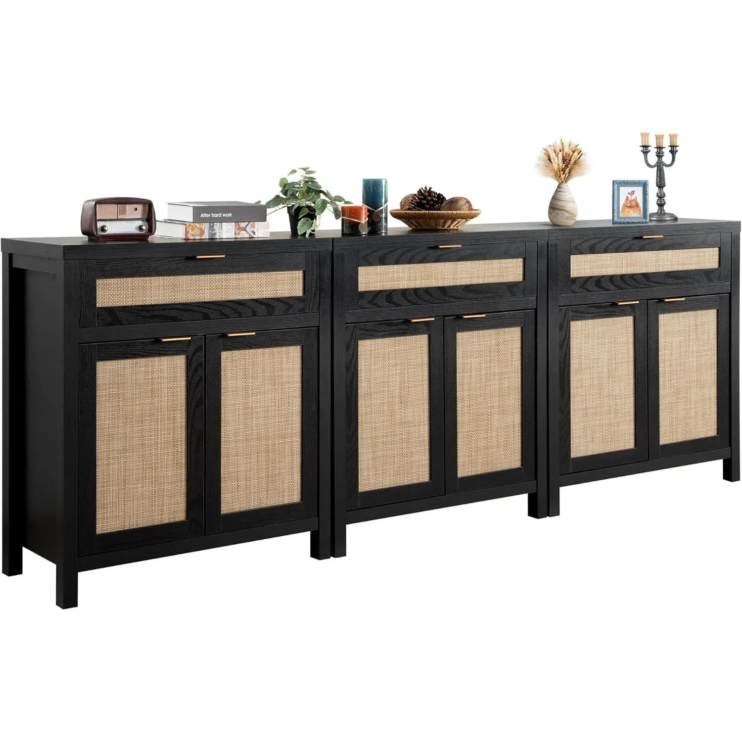 

Sideboard Buffet Storage Cabinet Set of 3, Rattan Credenza Buffet Table, Modern Console Accent Cabinet with Doors and Drawer