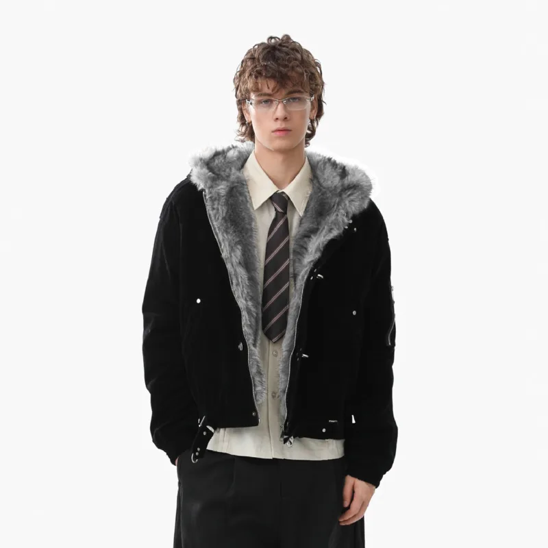 HKSH خريف شتاء جديد الرجال المد الشرير الفراء طوق سترة قطن سميكة الدافئة معطف مبطّن مقنعين فضفاض النساء Y2K خمر HK15278