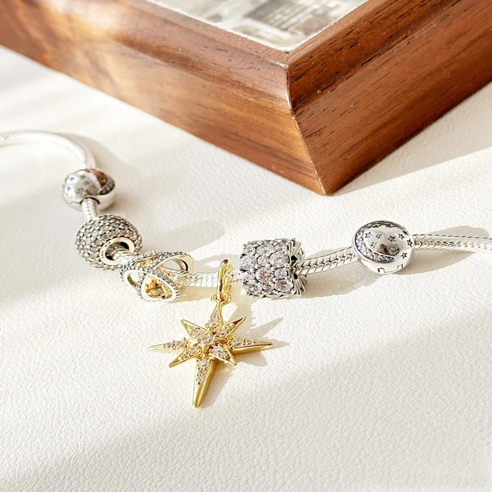 925 Sterling Silver Bees&Octagrams&Circles&Hearts&Pentagrams Dangle Charm Fit Brand Bracelet Neutral Style Jewelry