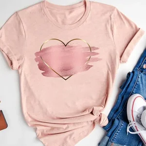 T -Shirt với trái tim tình yêu màu nước nữ, tay áo ngắn T -shirt, quần áo cơ bản, quần áo mùa hè, quần áo đồ họa, thời trang ngọt ngào 12 Bán hàng chính trái tim hàng đầu - №10