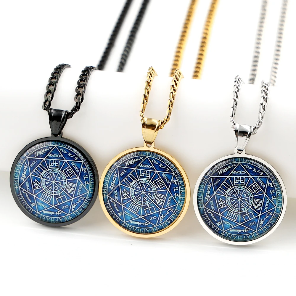 Seven Archangels Glass Medal Angel Pendant Necklace for Women Men Stainless Steel Seal of Solomon Protection Chain Jewelry Gift