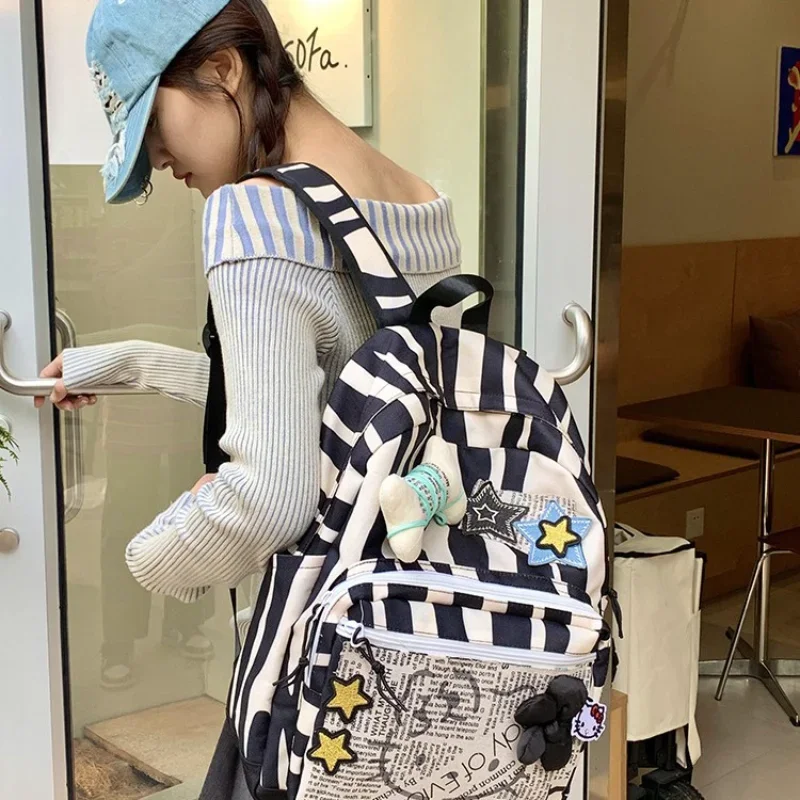 Sanrio Hello Kitty Zebra Stripe Cartoon Breathable Cloth Backpack Cute Lightweight Student Casual School Bag Women's Handbag