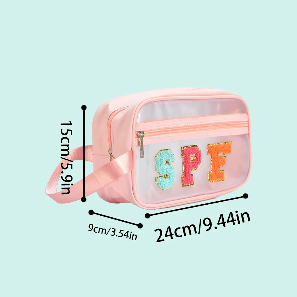 Transparent PVC Makeup Bag with Waterproof and Large Capacity Zipper Design, Towel Embroidery Storage Bag with Handle