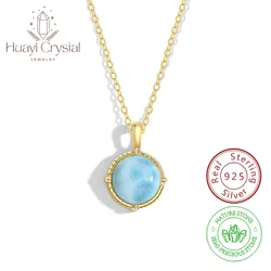 Natural Simple Fashion Disc S925 Sterling Silver Natural Larimar Pendant Necklace 14K Gold Plated fine jewelry for women