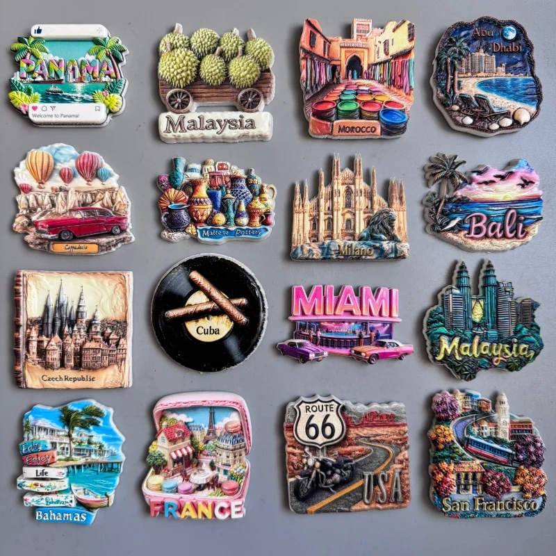 Fridge magnets Malta Malaysia Iceland Panama Cappadocia Morocco Czech  Cuba Bahamas France Miami USA Bali Canada Rotterdam Berne