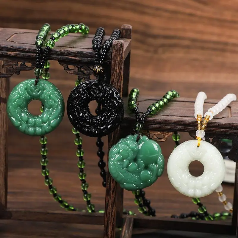 Fashion Green Glass Stone Hand-Carved Pendant Necklace Chinese Style Women Man Lucky Jewelry Gift