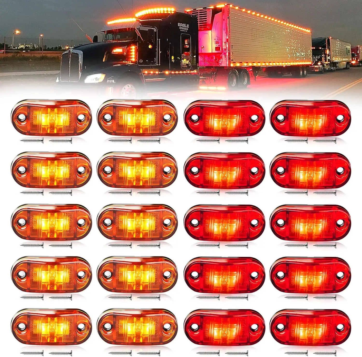 

20 PCS 2.5 Inch LED Trailer Lights Kit with Screws, Amber Red Waterproof Universal for RV Truck Van Boat