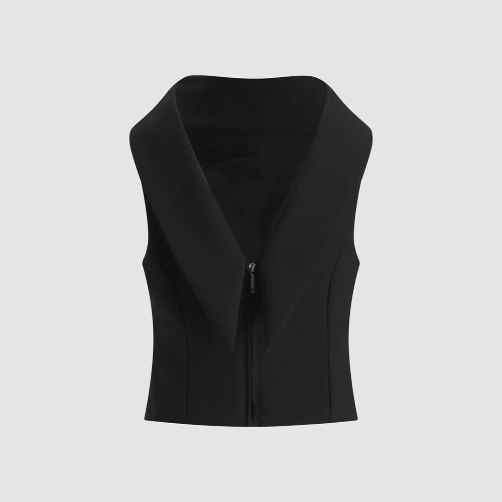 Women Sleeveless Crop Top Slim Fitted Vest Back Zipper Elegant Office Commuter Camisole Minimalist Ladies Formal Tank Blouse
