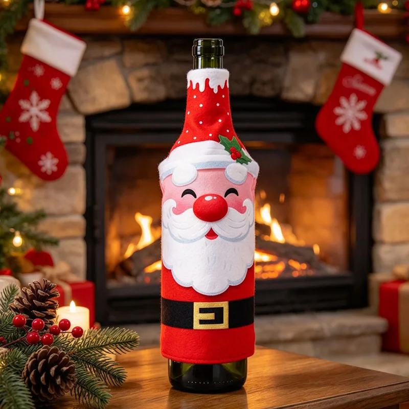 Cartoon Santa Claus Wine Bottle Cover Reusable Christmas Decoration for Restaurants Family Dinners Holiday Party Atmosphere