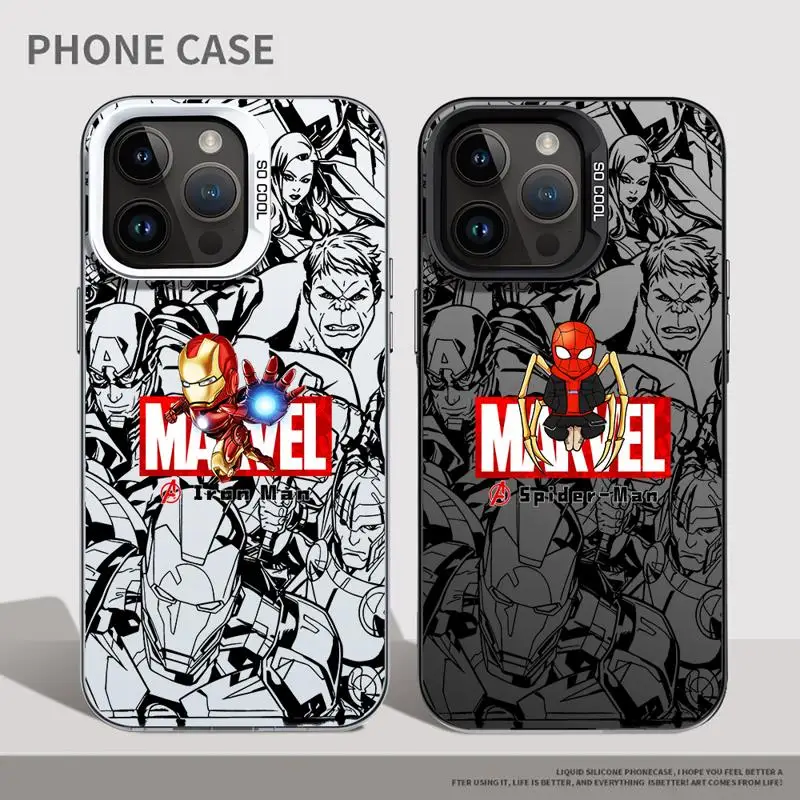 Matte Acrylic Phone Case for Apple iPhone 15 14 13 12 11 pro Max 15plus 14plus Marvel Spiderman Iron Man Colorful Silver Cover