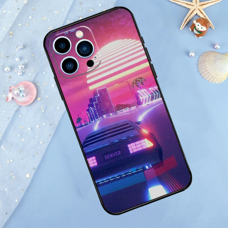 Synthwave 80s Retro Car Case For iPhone 11 12 13 14 15 16 Pro Max Mini X XR XS Max 7 8 Plus Soft Back Cover