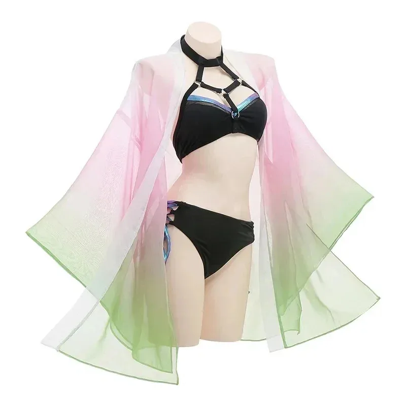 Kanroji Mitsuri Sexy Beach Summer Bikini Swimsuit Cosplay Costume Women Bathing Suit Wig Socks Full Sets