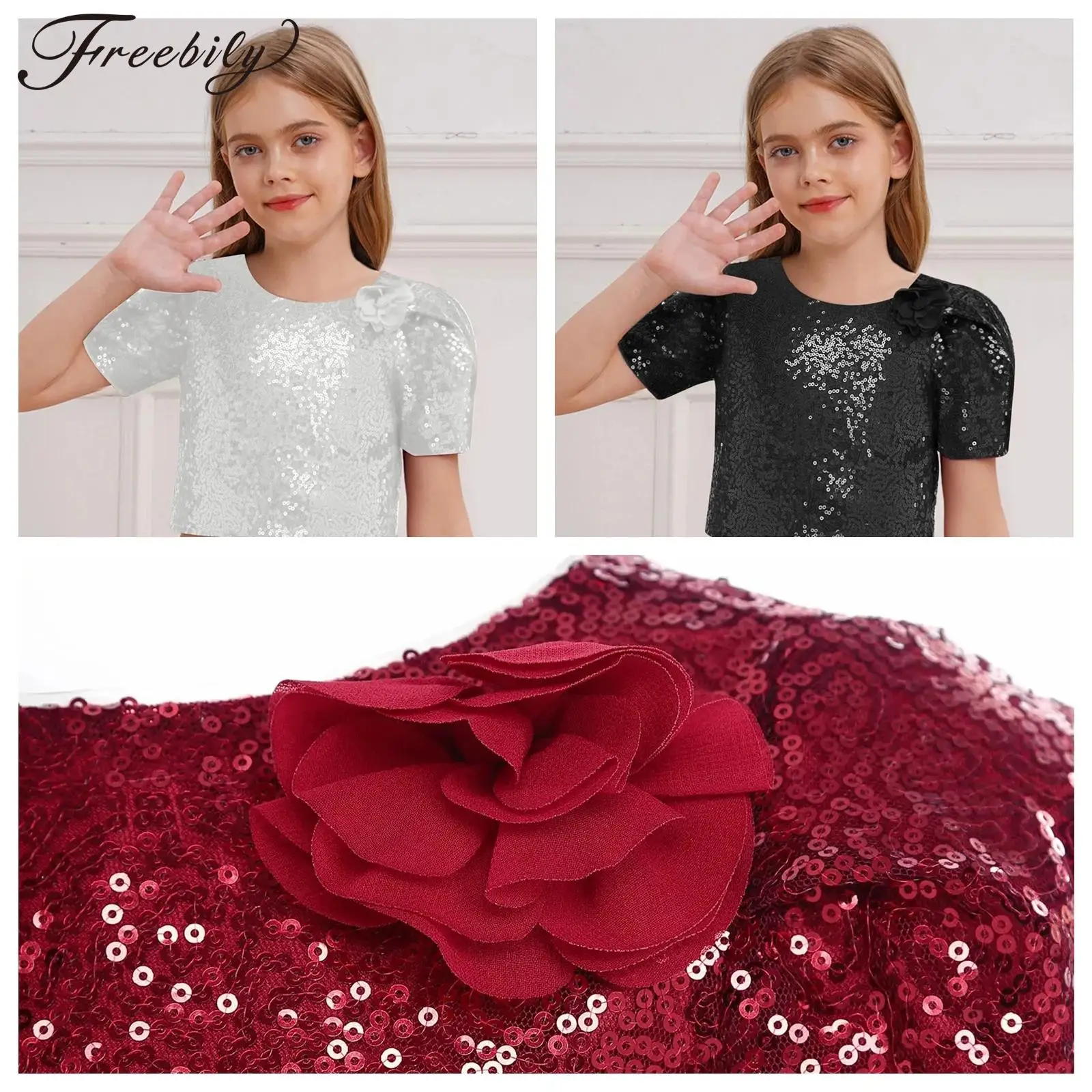 

Детская футболка с короткими рукавами и блестками, костюм для джазового танца для девочек, карнавальный костюм принцессы Rave, детские блестящие вечерние топы