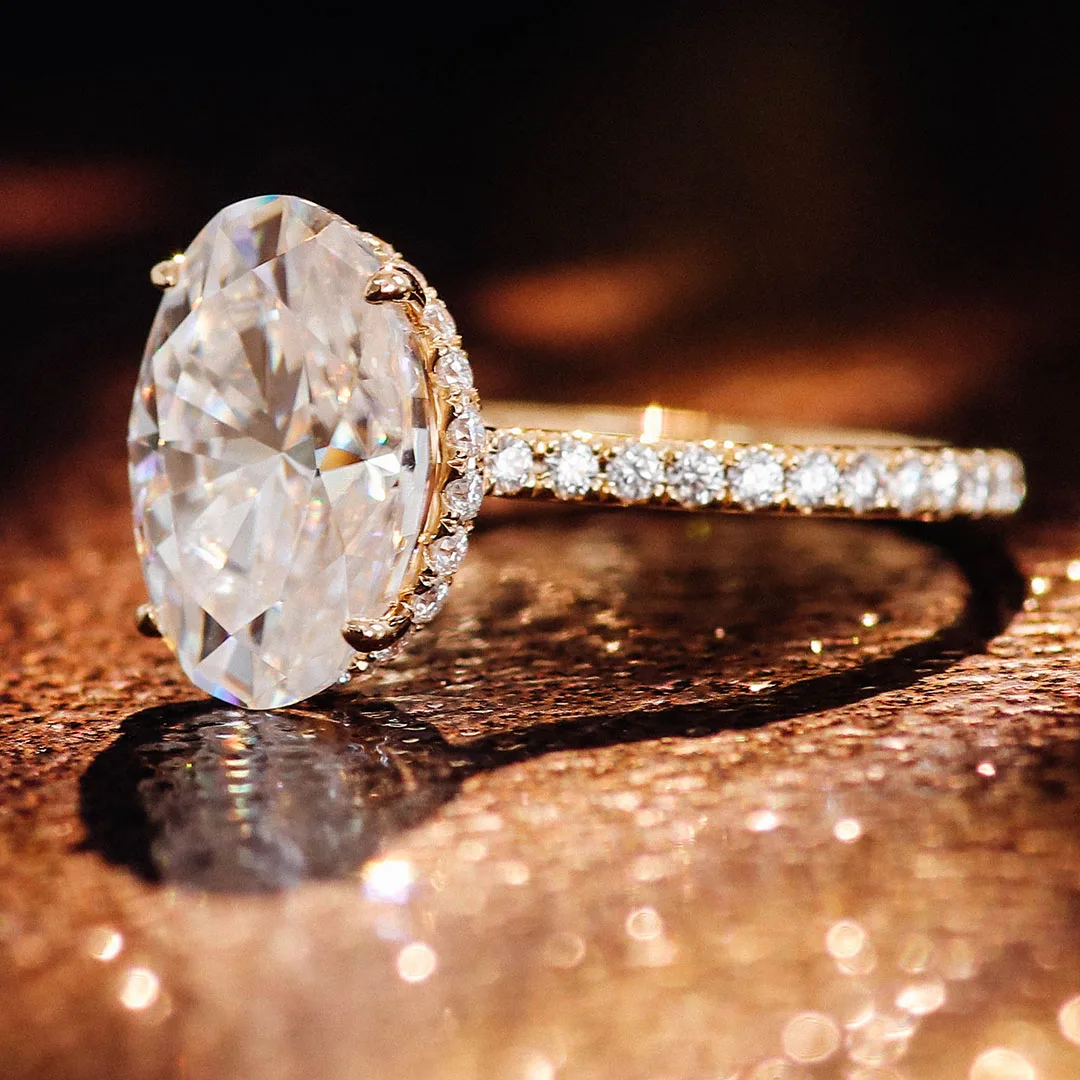 Provence 10K/14K/18K  Moissanite Wedding Rings for Women Oval Cut 4 CT D Color Hidden Halo Four Prong Engagement Rings