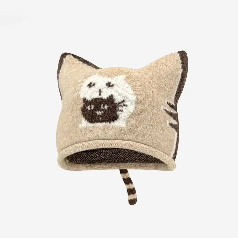 Sweet Kawaii Cute Cat Beanie Thick Small Look Lovely Ears Bonnet Soft Texture Tail Decor Winter Painter Cap Photoshoot