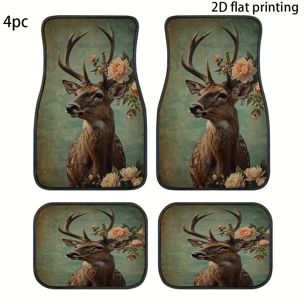4pcs Car Floor Mats, Deer And Bouquet Vintage Art Patterns, Universal Fit Material Wear-Resistant Interior Accessories For Front