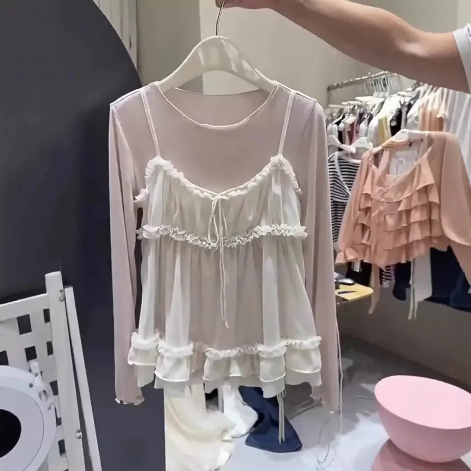 

Весенний новый комплект из двух предметов: корейская красивая многослойная блузка больших размеров с длинными рукавами и кружевом, с деревянной отделкой, женская модная одежда