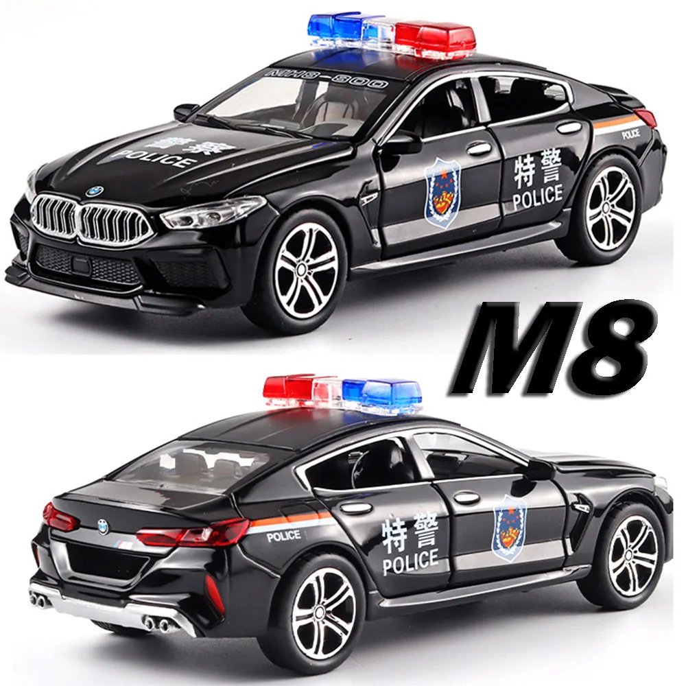 1:32 M8 M4 Police Car Toy Models Metal Diecast SWAT Cars Sound Light Doors Opened Pull Back Rubber Tires Boys Educational Toys