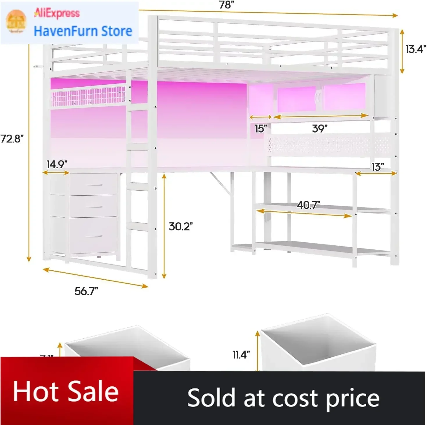 Activity priceFull Size Loft Bed With L Shaped Desk Arcylic Rgb Hutch Safety Charging Station Metal Frame Storage Drawer Guardra