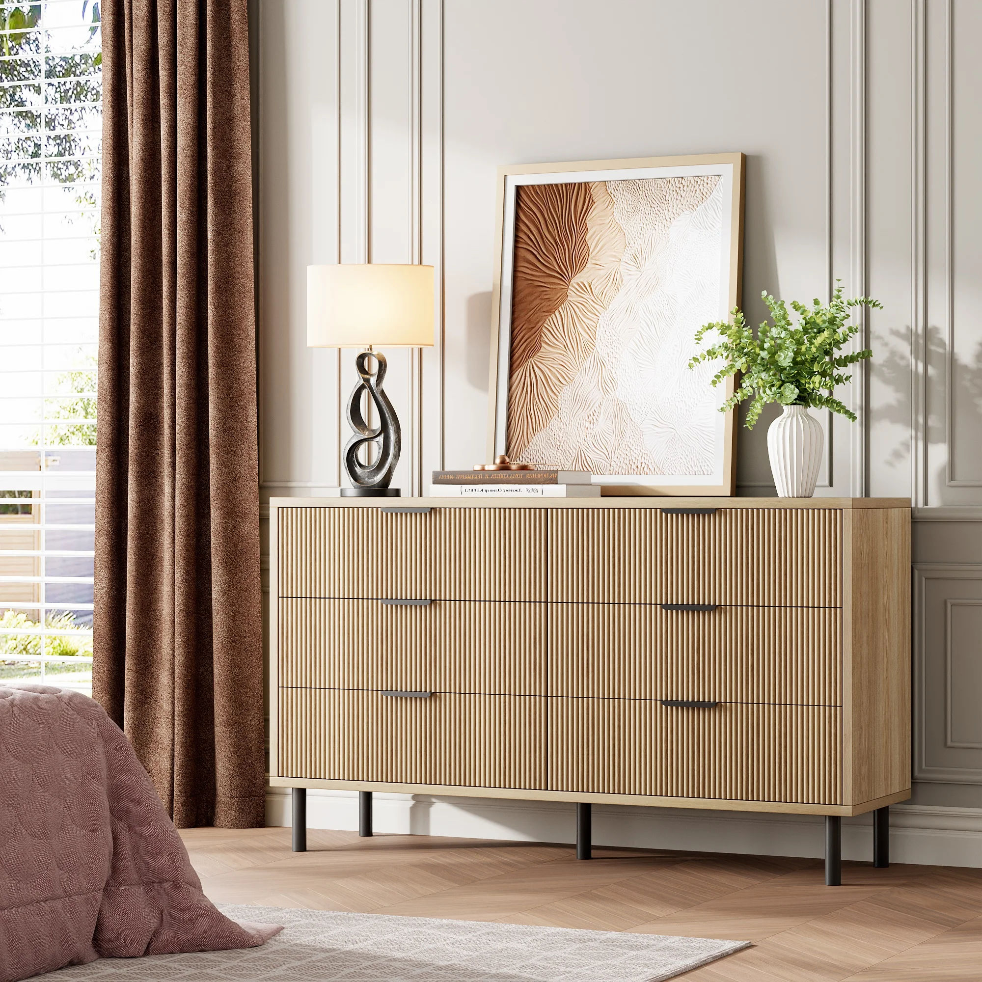 GarveeLife Spacious Modern Chest of Drawers – 6-Drawer Wide Double Dresser, Sturdy Wooden Storage Cabinet, Fluted Design with Metal Legs & Handles, Anti-Tipping Safety, Organizer for Bedroom, Living Room, or Hallway
