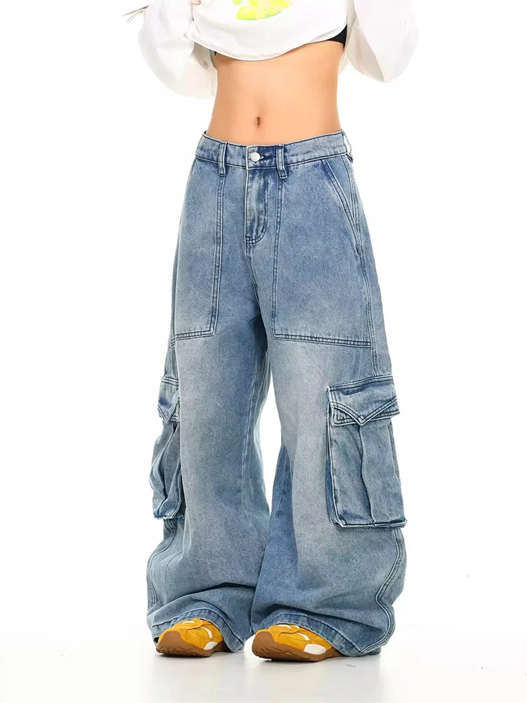 

Women's Blue Cargo Baggy Jeans Pocket Y2K Japanese Harajuku High Street Aesthetic 2000s Loose Wide Leg Jeans Pants Clothing 2025