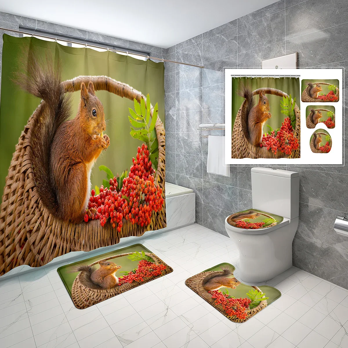 Squirrel Shower Curtain Sets 4 Pcs with Non-Slip Rugs Mat Toilet Lid Cute Nature Woodland Animal Waterproof Shower Curtain Set